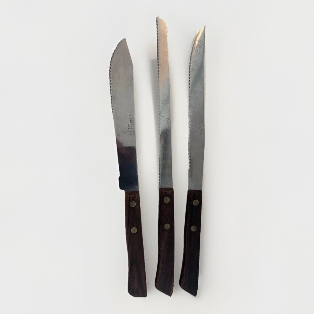 Vtg Set of 3 Long Serrated Knives Stainless Steel Wood Handle Rivets Japan
